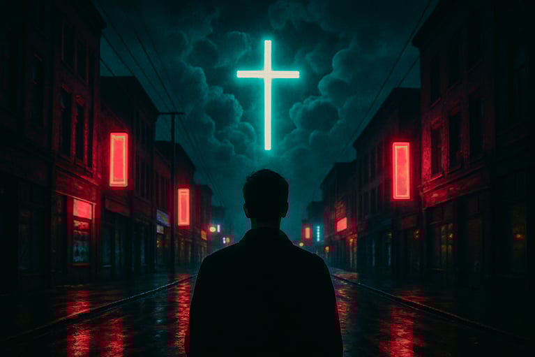 Header image generated with DALL·E by OpenAI, featuring AI-created photography in a noir, cinematic style with Christian symbolism.
